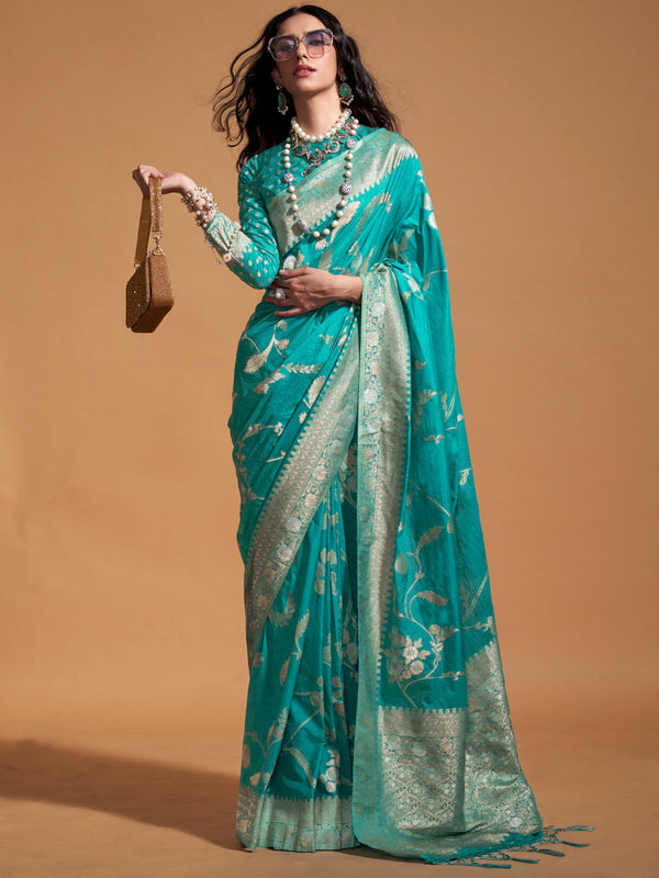 Attractive Sky-Blue Zari Weaving Silk Festival Wear Saree With Blouse