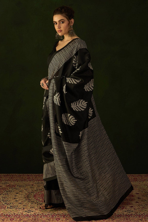 Ink Black Ajrakh Printed Saree