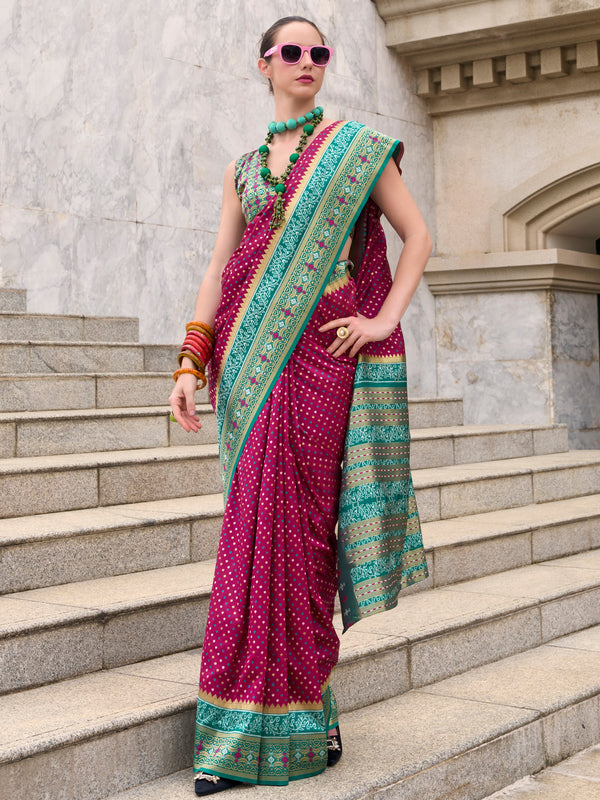 Beautiful Rani Pink Weaving Banarasi Silk Saree With Blouse