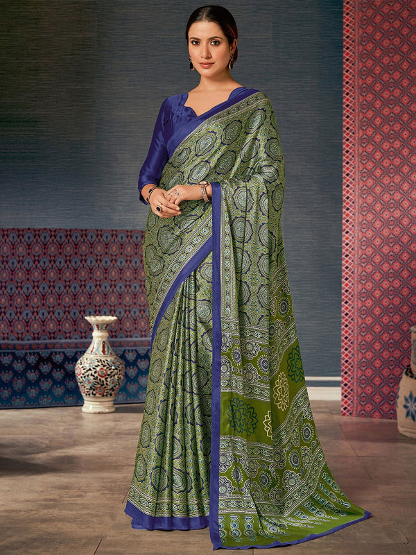 Olive Green Digital Printed Ajrakh Satin Crepe Saree