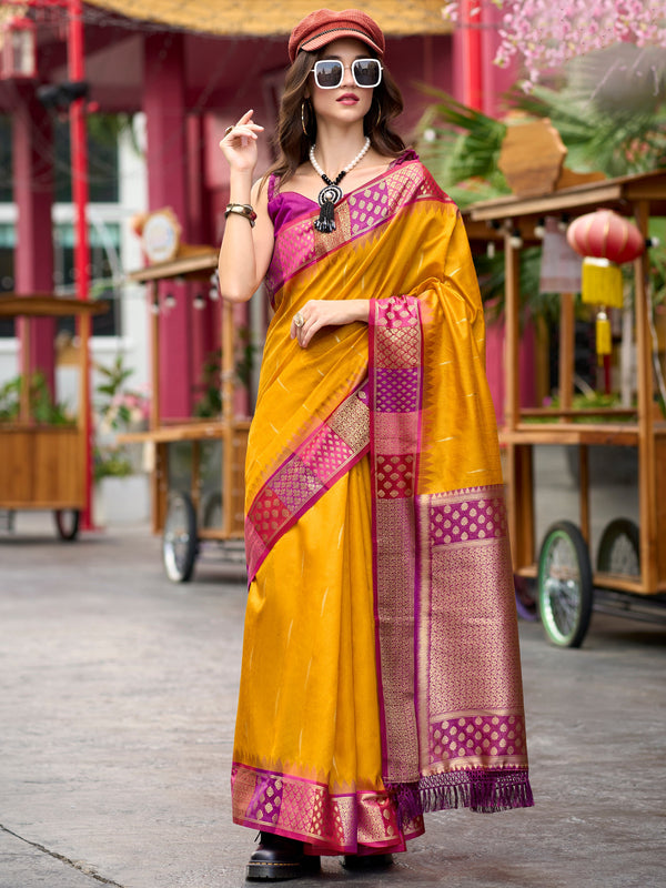 Awesome Yellow Zari Weaving Banarasi Silk Haldi Wear Saree With Blouse