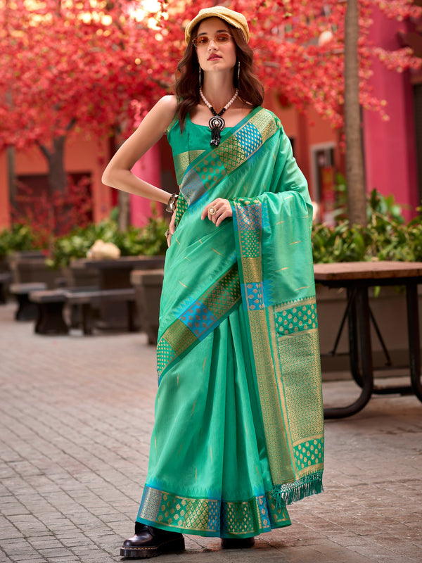 Amazing Sea Green Zari Weaving Banarasi Silk Traditional Saree