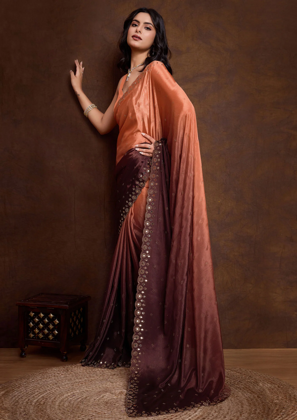 Orange & Brown Ombre Chinon Saree With Mirror Border