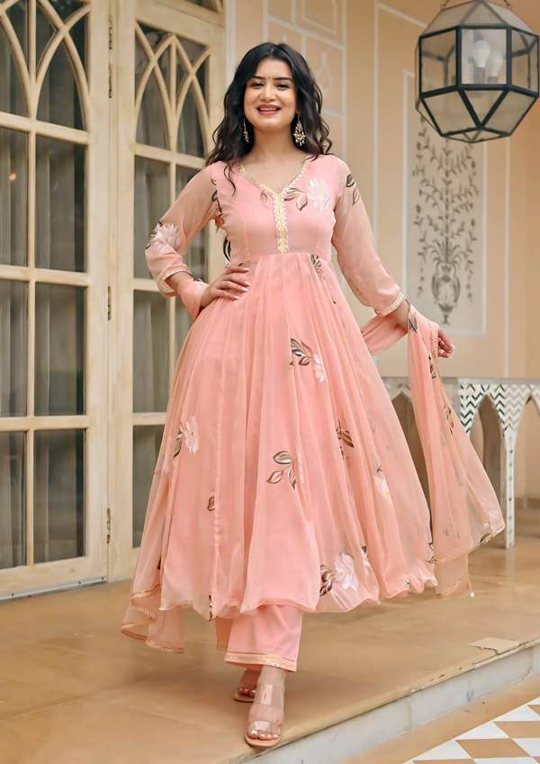 Womens Peach Colour Kurti With Dupatta Set