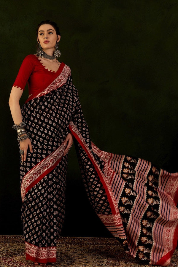 Grease Black and Red Ajrakh Printed Saree