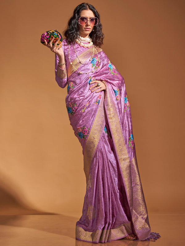 Beautiful Purple Weaving Satin Festival Wear Saree With Blouse