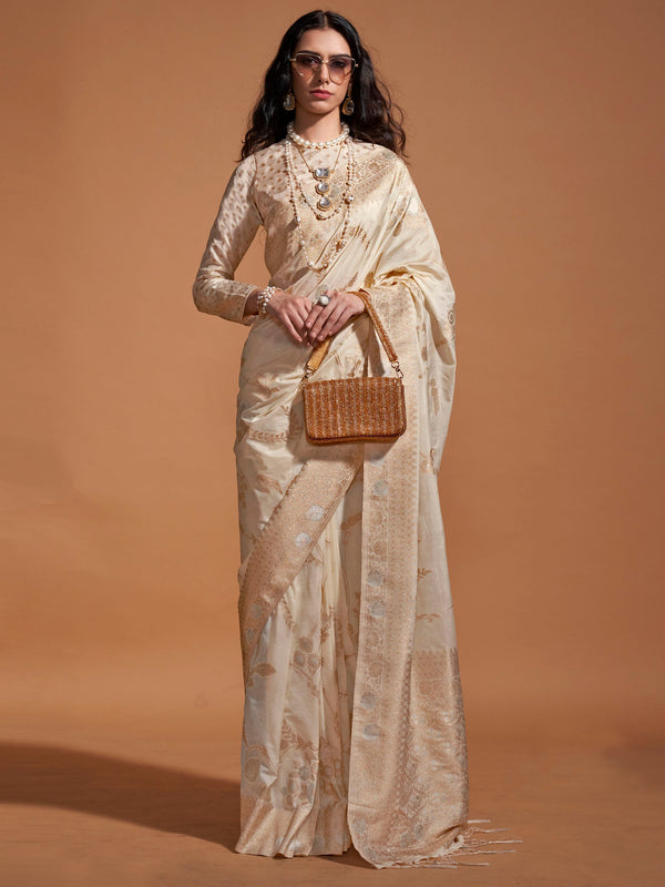 Captivating Cream Zari Weaving Georgette Traditional Saree With Blouse