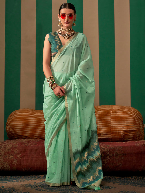 Enchanting Turquoise Zari Weaving Silk Traditional Saree With Blouse