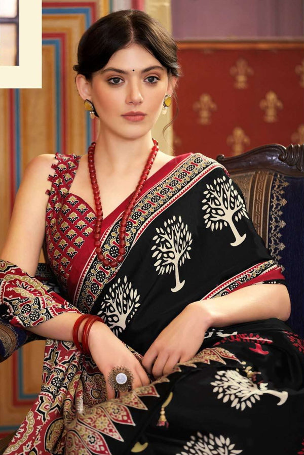 Shark Black and Red Ajrakh Printed Satin Crepe Saree