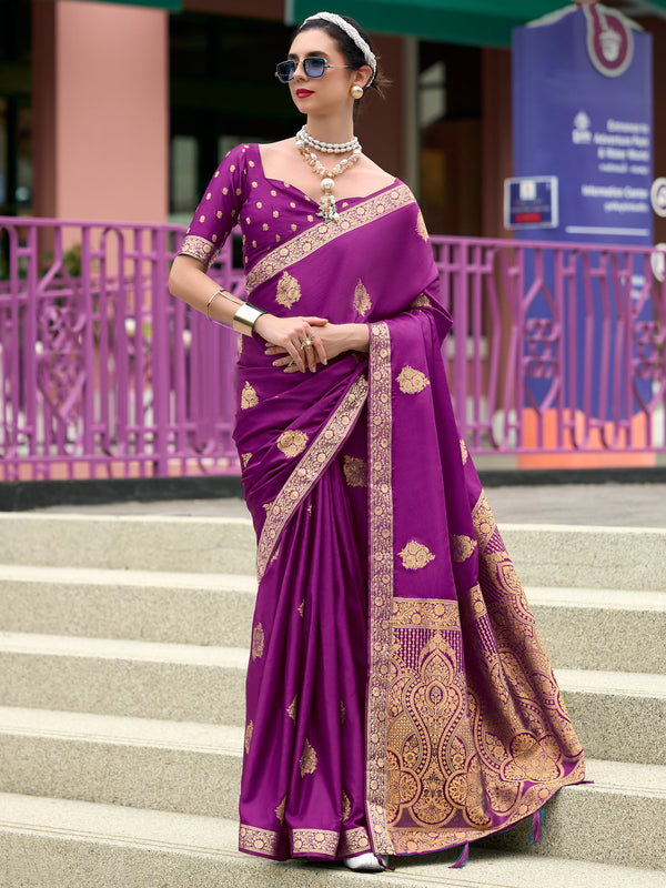 Beautiful Purple Zari Weaving Satin Festival Wear Saree With Blouse