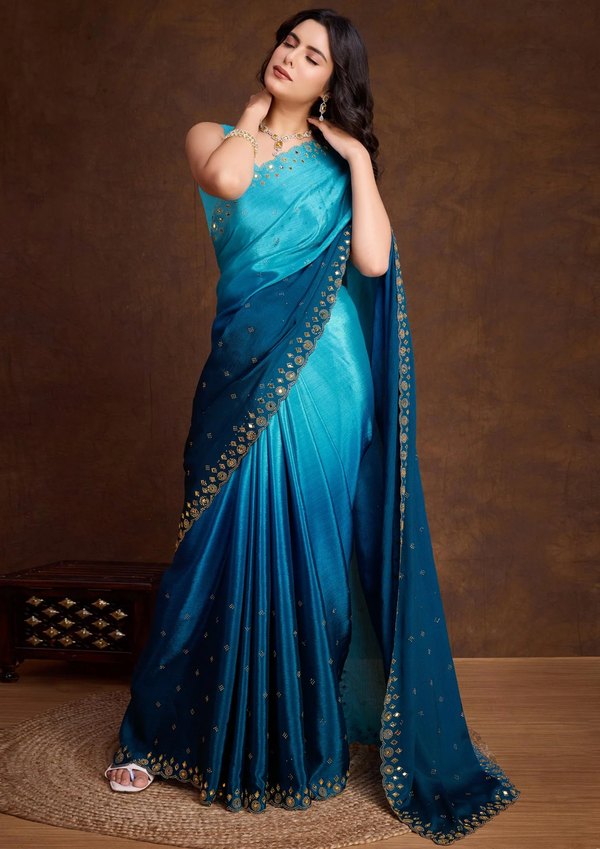 Blue Ombre Chinon Saree With Mirror Border