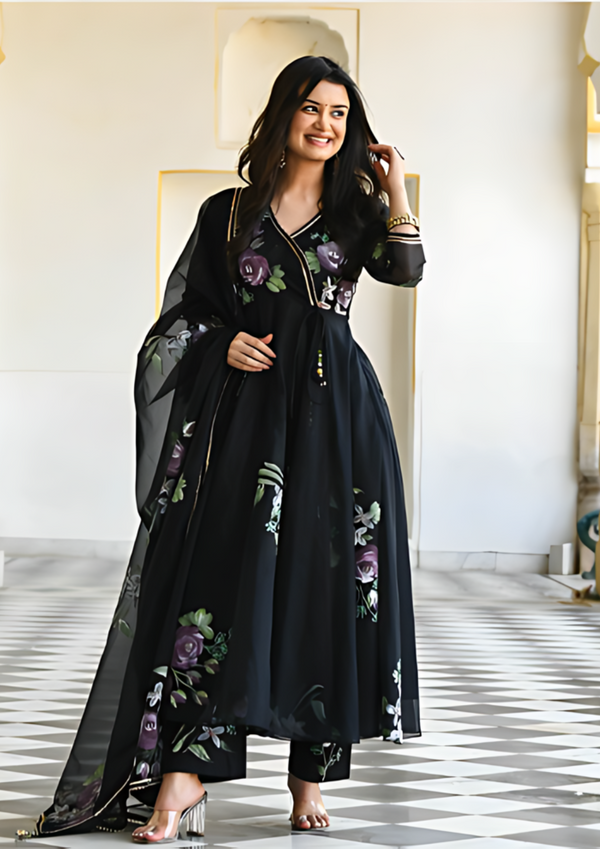 Floral Printed Organza V-Neck Regular Anarkali Kurta with Trousers & Dupatta