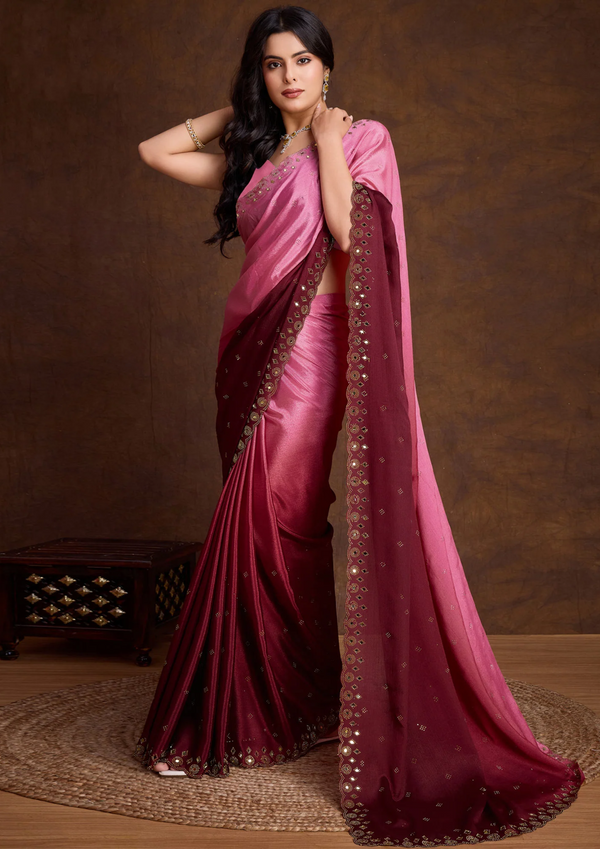 Rose Pink Ombre Chinon Saree With Mirror Border