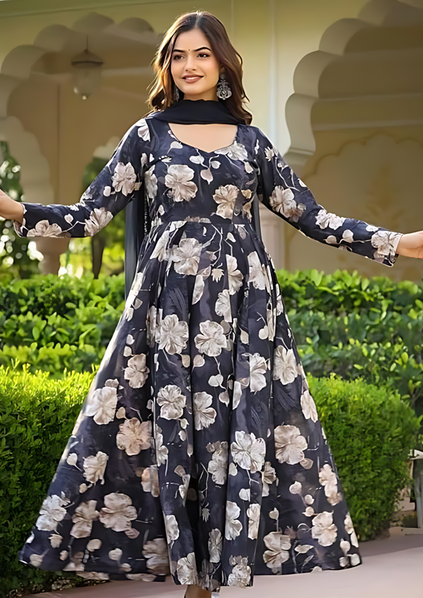 Women Kurta Set in Black Floral Color and Georgette Fabric With Only Dupatta