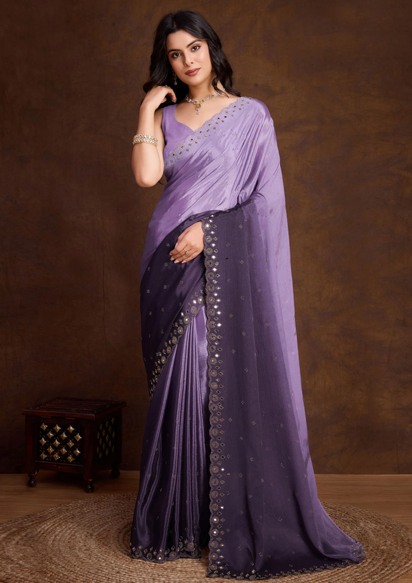 Lavender Ombre Chinon Saree With Mirror Border