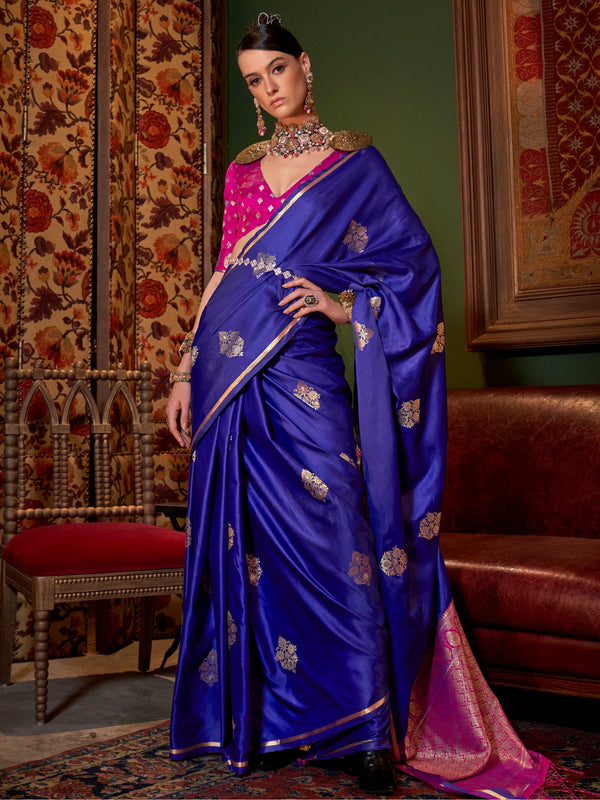 Amazing Blue Zari Weaving Satin Festival Wear Saree With Blouse