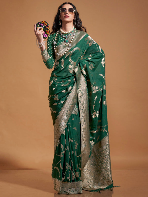 Stunning Green Zari Weaving Silk Mehendi Wear Saree With Blouse