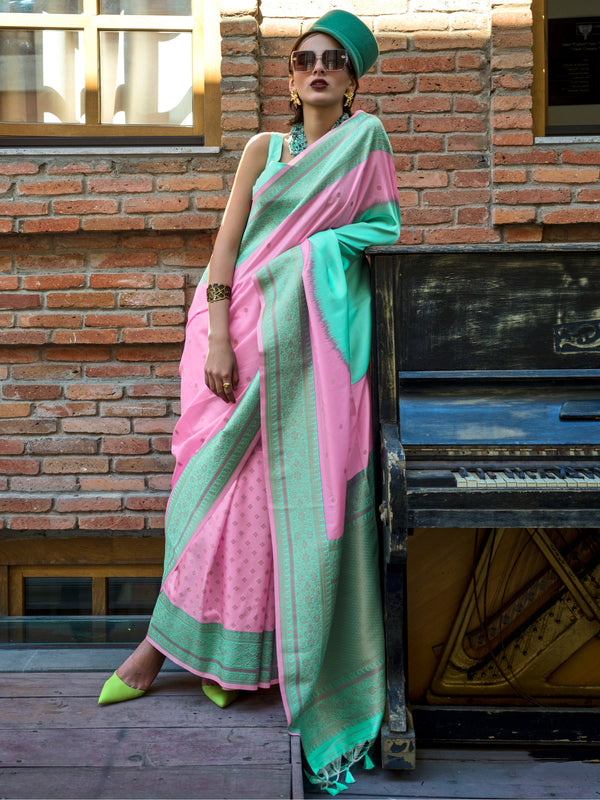 Stunning Pink Zari Weaving Silk Event Wear Saree With Blouse