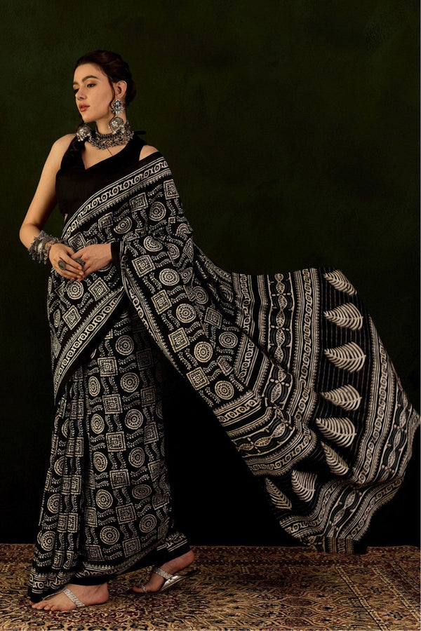 Pebble Black Ajrakh Printed Saree