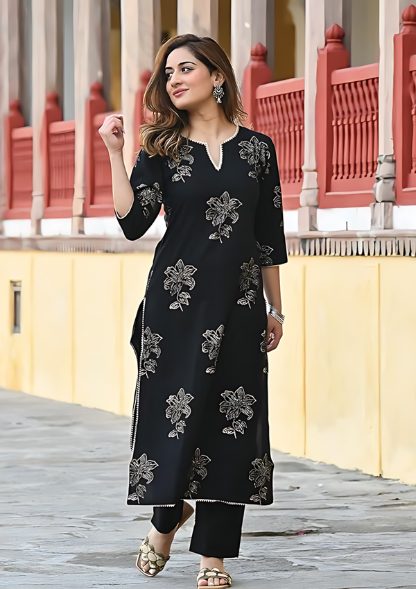 Women's Gold Printed Rayon Black Kurta Set with Ethnic Palazzo Pants