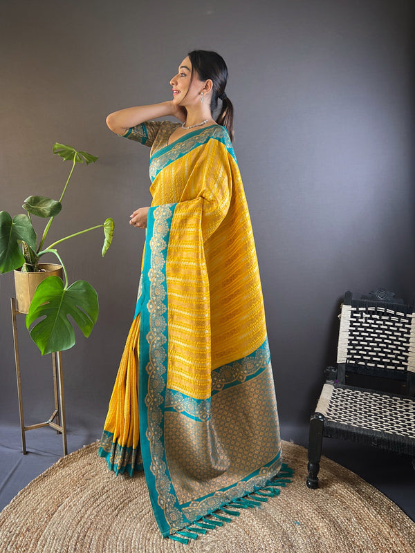 Yellow Soft Silk Zari Border Saree