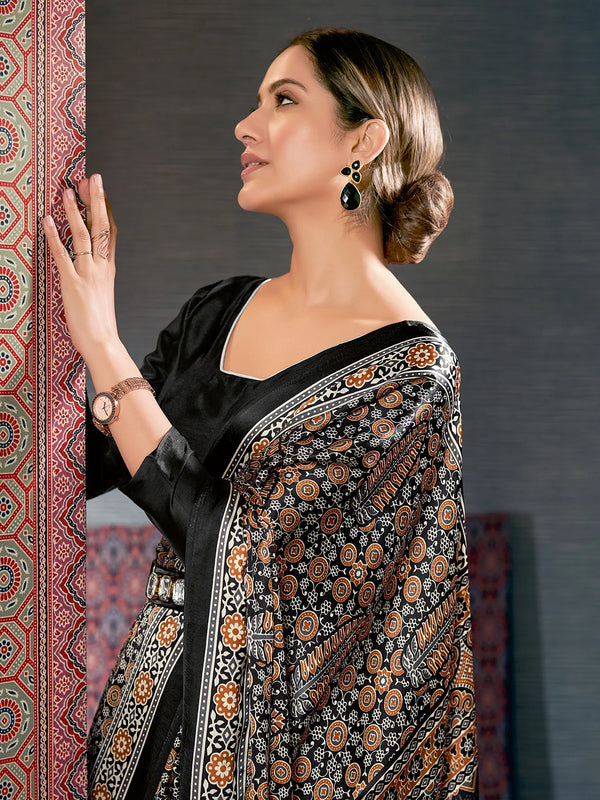 Metal Black and Brown Digital Printed Ajrakh Satin Crepe Saree