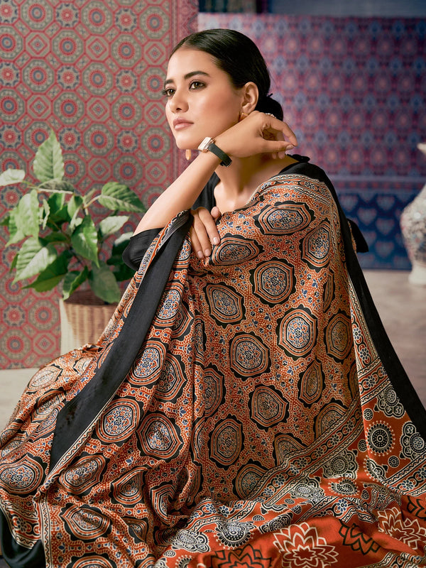 Chocolate Brown Digital Printed Ajrakh Satin Crepe Saree