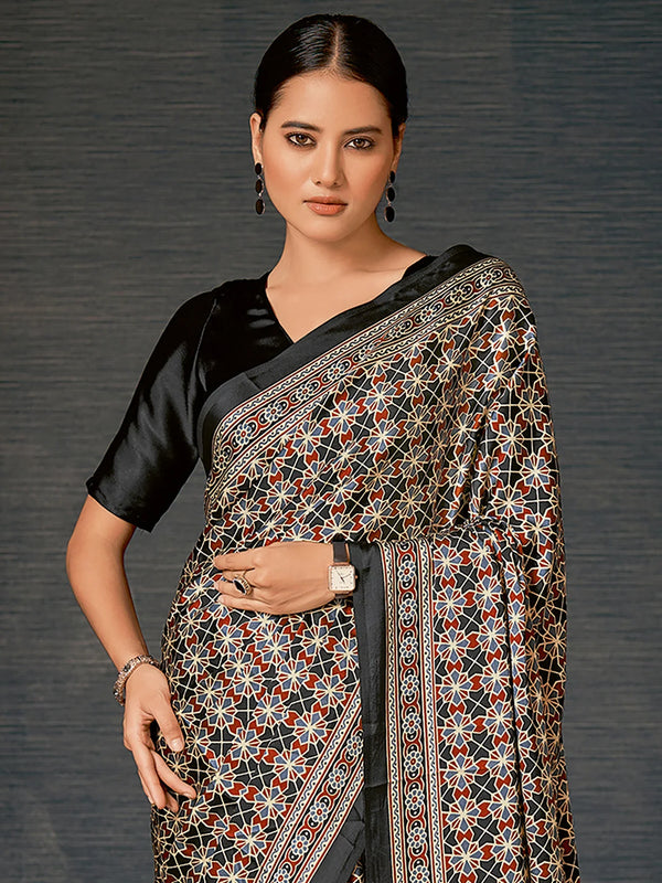 Mine Shaft Black Digital Printed Ajrakh Satin Crepe Saree