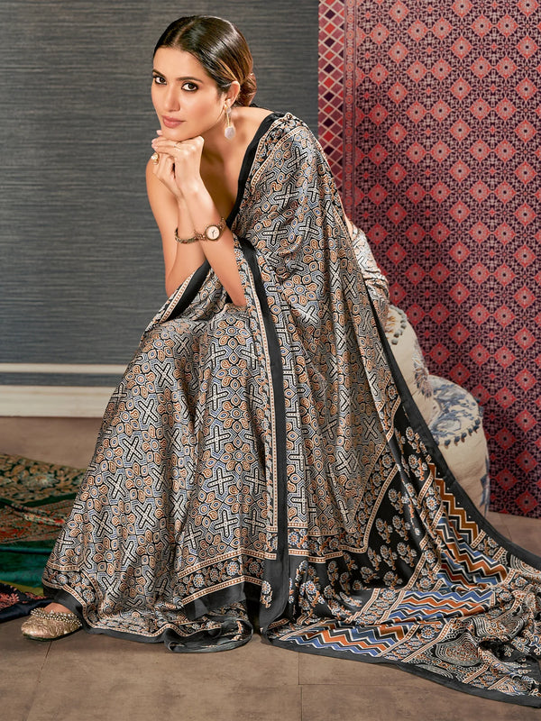 Elegant Grey Digital Printed Ajrakh Satin Crepe Saree