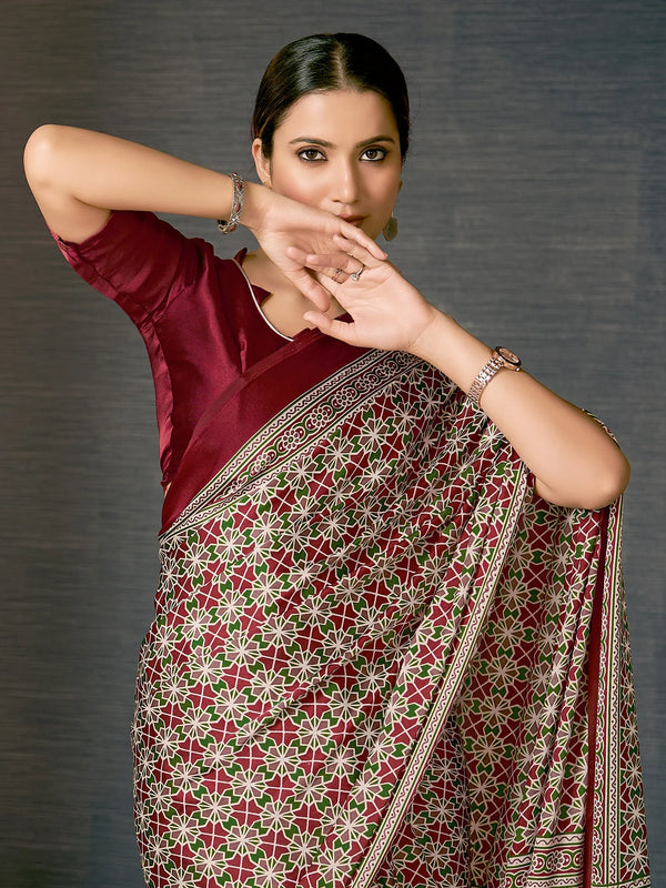 Dark Tan Maroon Digital Printed Ajrakh Satin Crepe Saree