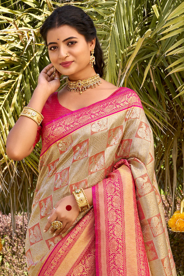 Beige Silk Kanjivaram Saree