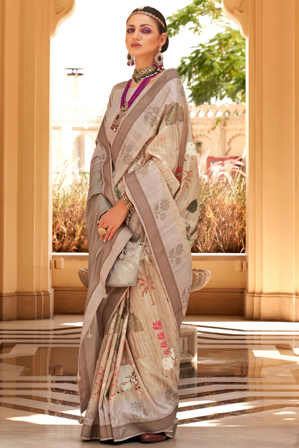 Beige Viscose Silk Saree