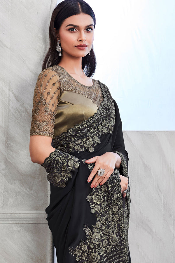 Black Embroidered Silk Saree