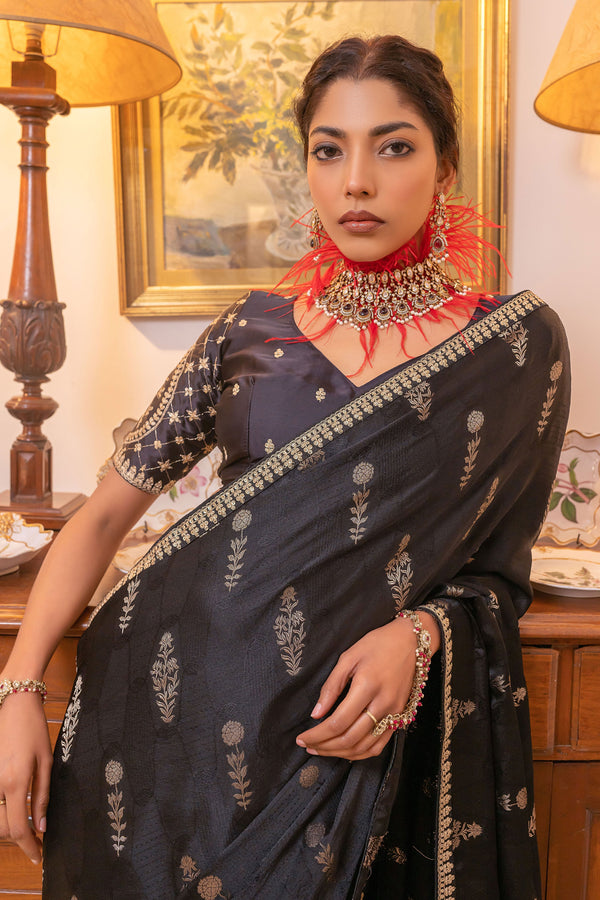 Black Satin Silk Saree