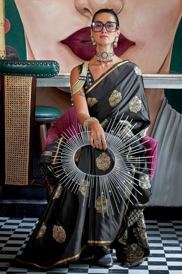 Black Satin Silk Saree