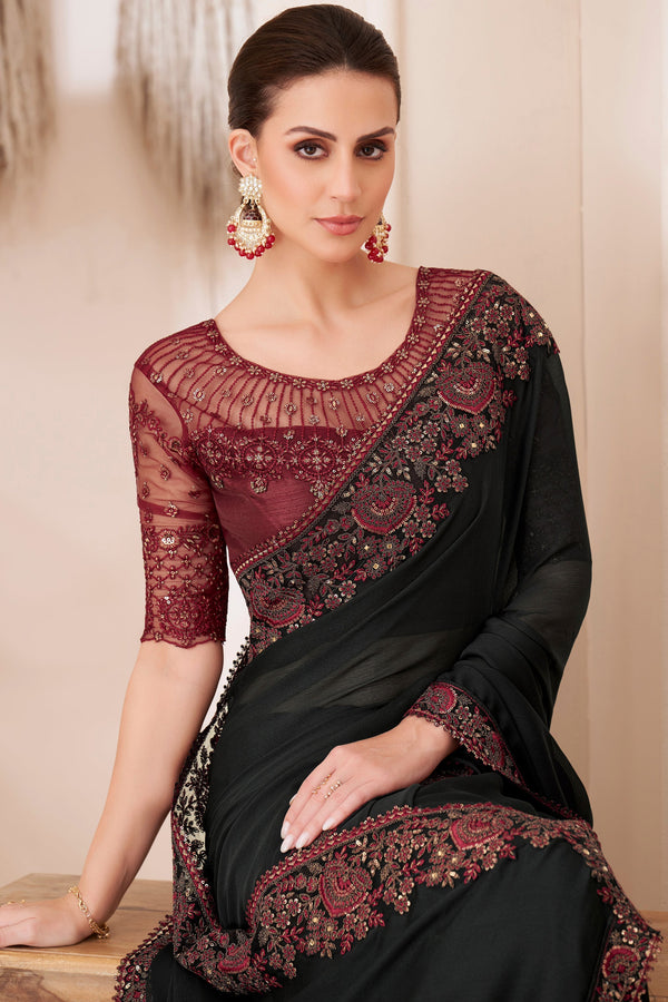 Black Embroidered Chiffon Saree