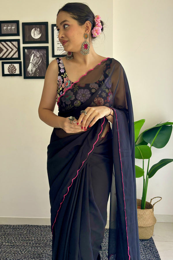 Black Plain Georgette Saree