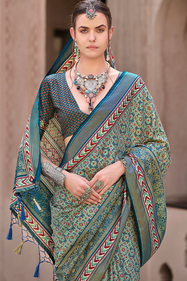 Blue Ajrakh Print Silk Saree