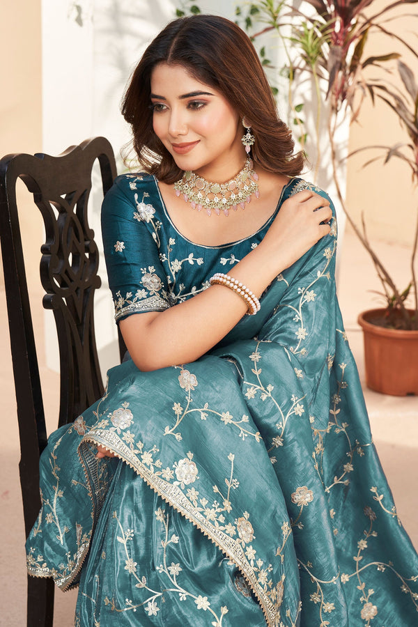 Blue Embroidered Crush Silk Saree