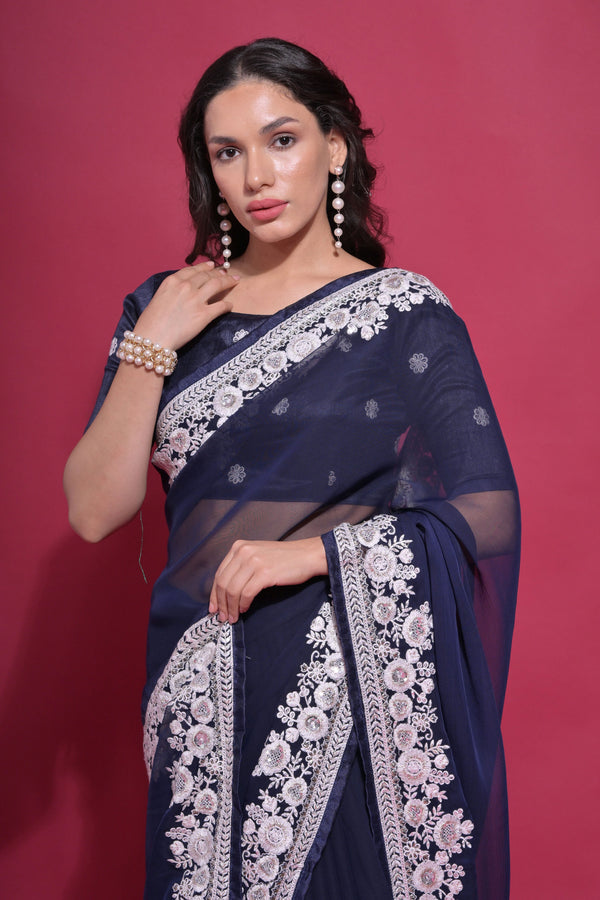 Blue Embroidered Georgette Saree