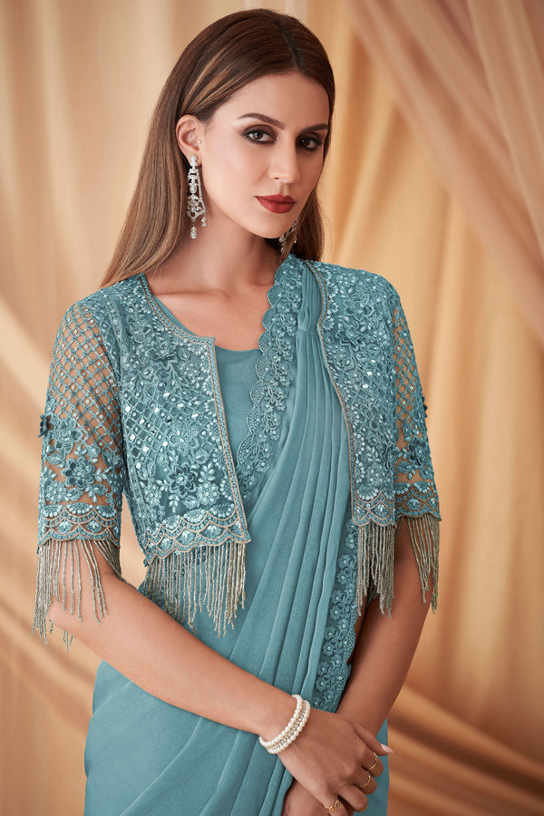 Blue Embroidered Georgette Saree