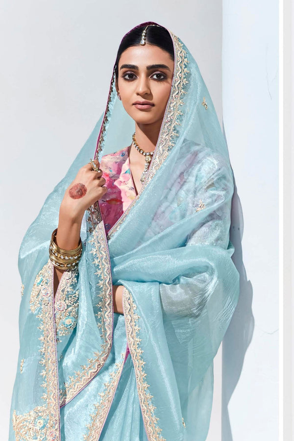 Blue Embroidered Organza Saree