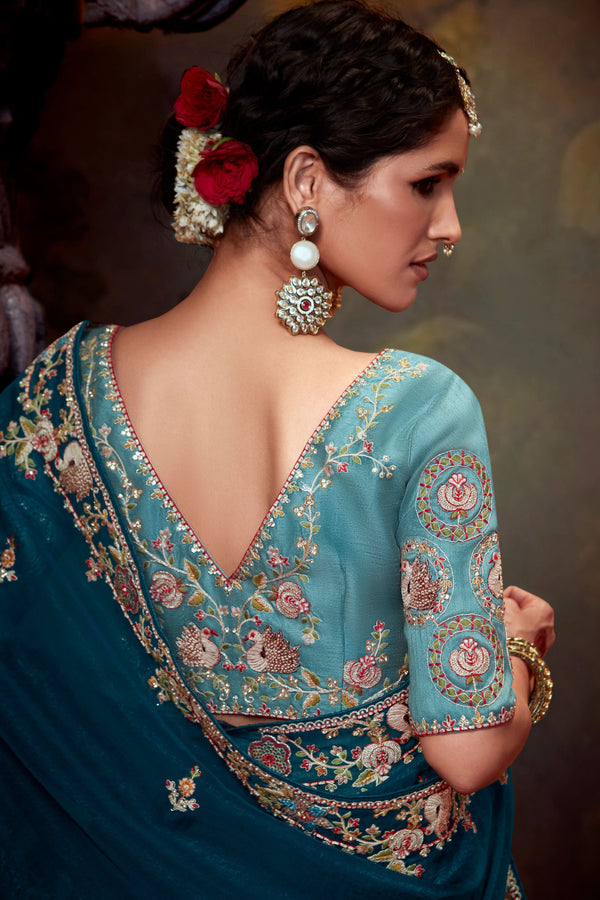 Blue Embroidered Organza Saree