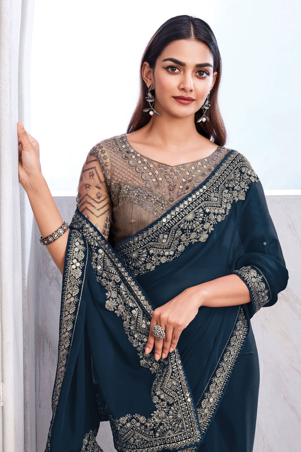 Blue Embroidered Silk Saree