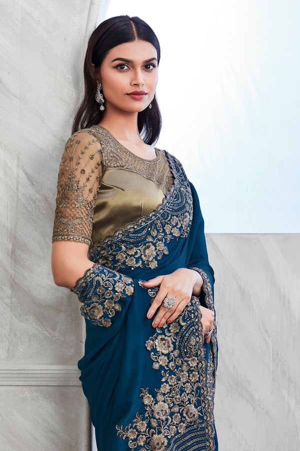 Blue Embroidered Silk Saree