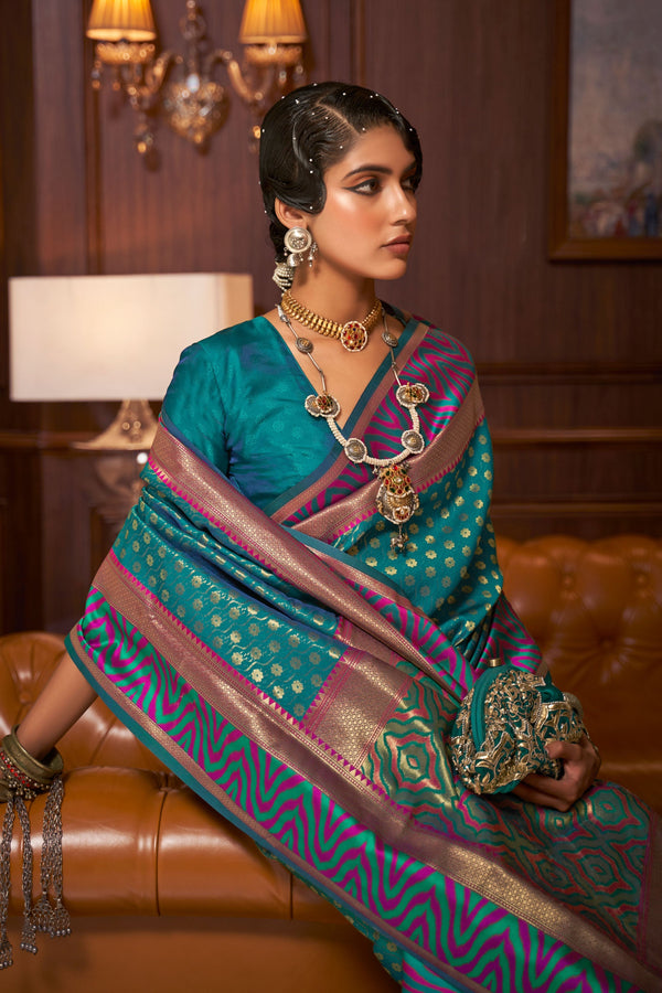 Blue Green Woven Silk Saree