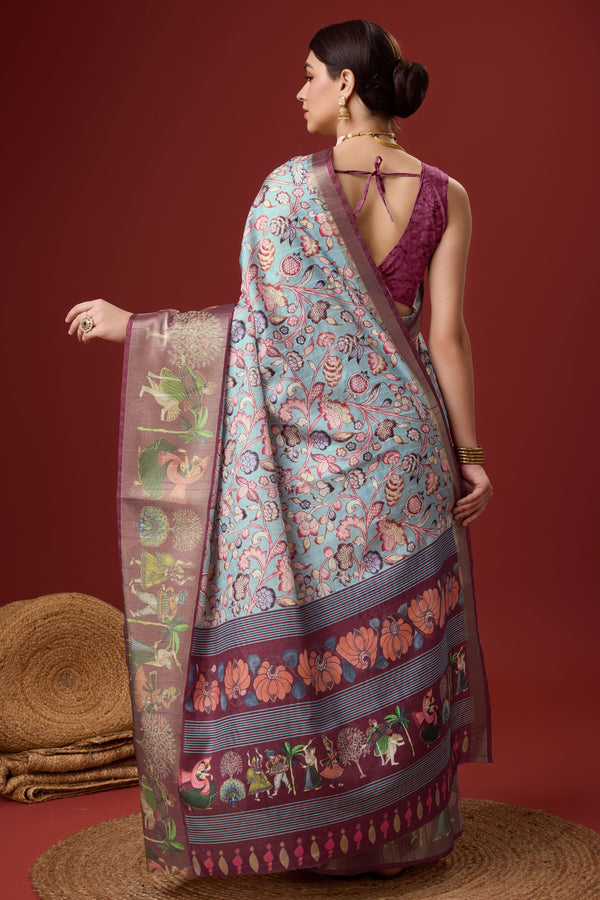 Blue Printed Cotton Silk Saree