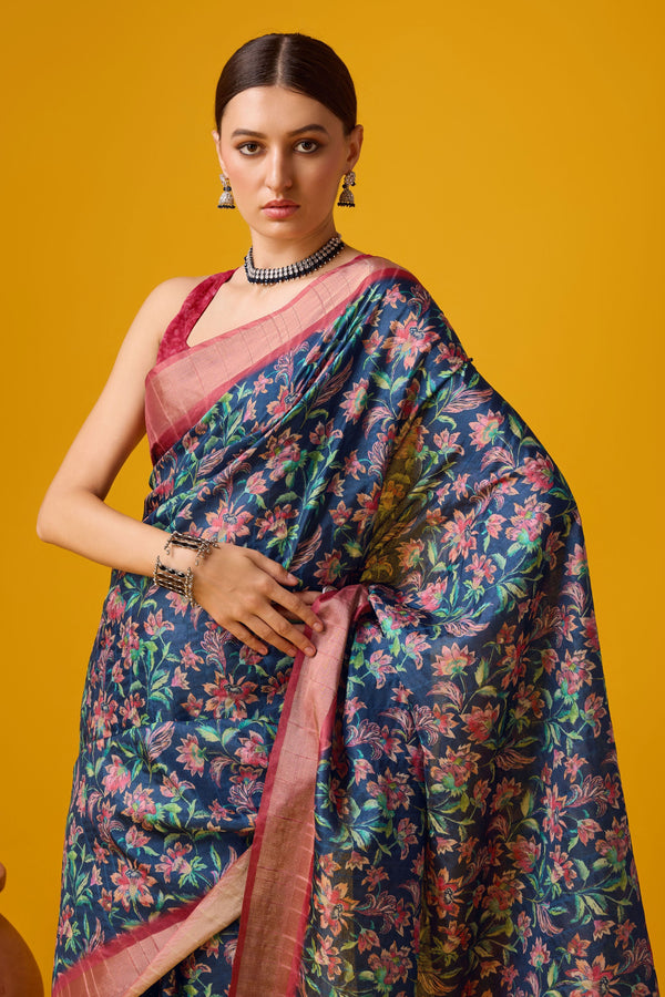 Blue Printed Cotton Silk Saree