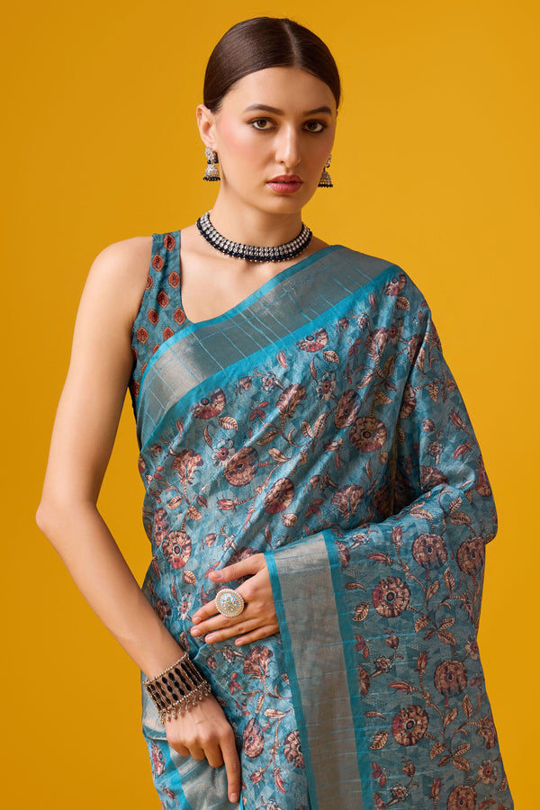 Blue Printed Cotton Silk Saree