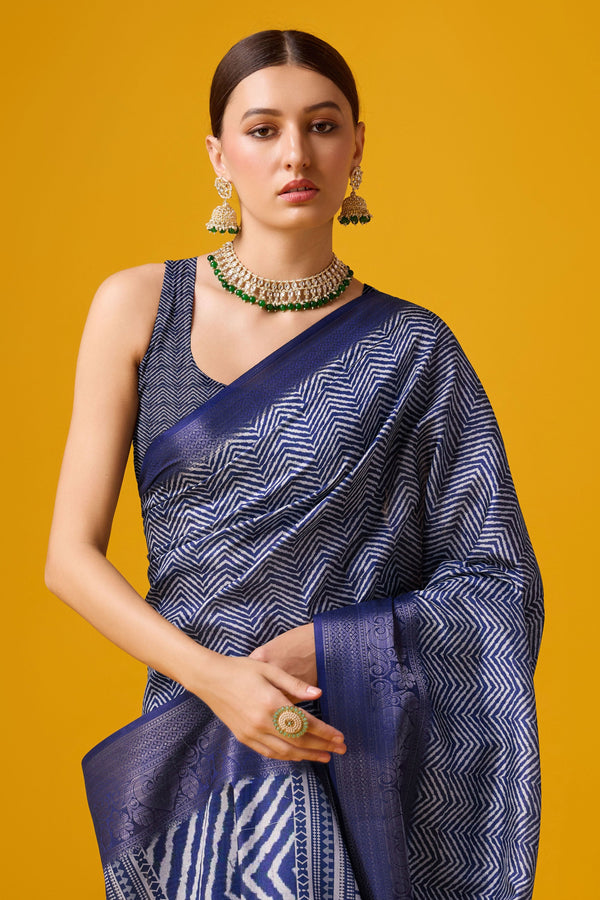 Blue Printed Cotton Silk Saree